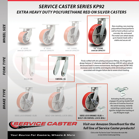 Service Caster 12 Inch Heavy Duty Red Poly on Cast Iron Caster Swivel Locks 2 Brakes, 4PK SCC-KP92S1230-PUR-RS-SLB-BSL-2-BSL-2